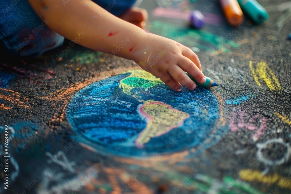 Close-up of a child's hand drawing a planet Earth with colorful chalk on pavement, spreading awareness for Earth Day.