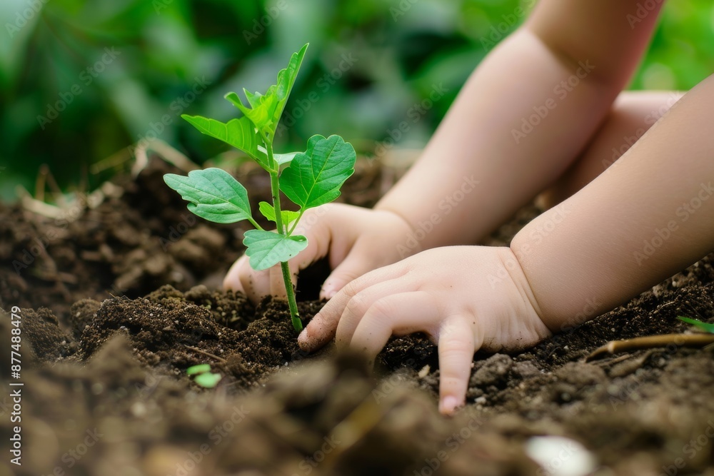 Close-up of a child's hand planting a tiny sapling in soil, promoting eco-friendly practices for Earth Day. Close-up of a child's hand planting a tiny sapling in soil, promoting eco-friendly practices for Earth Day.