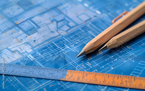 Architectural Blueprints and Plans Spread Out on a Table
