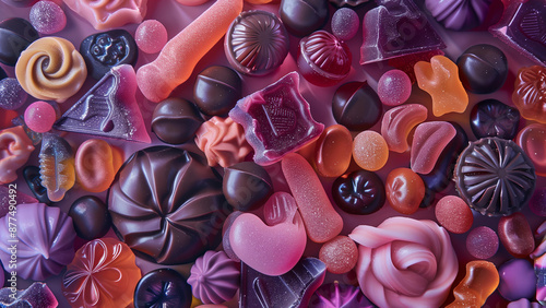 colorful assortment of candies, including hard and soft candy pieces, gummies, internal lollipops, chocolate, all arranged in an aesthetically pleasing pattern. photo