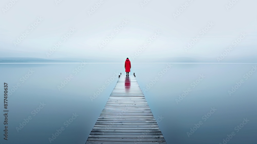 Obraz premium A woman in a red coat stands on a wooden dock over a foggy lake