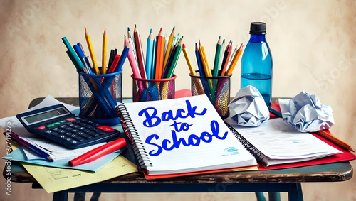 Back to school concept, note book with text, colourful pencils background, template
