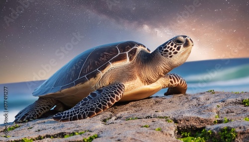 A sea turtle, either a Hawksbill, Loggerhead, Kemps ridley, or other species, is resting on the sandy beach close to the ocean waters, as a typical habitat for these majestic marine reptiles photo