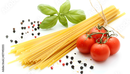 Italian cuisine concept - raw pasta and ingredients. Healthy vegetarian diet, isolated on white