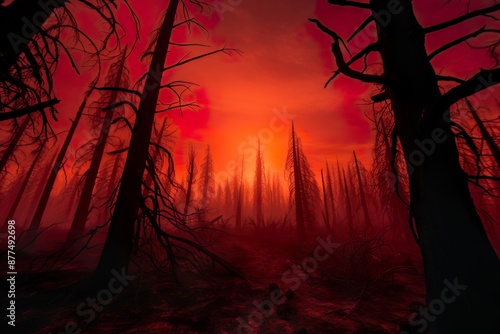 Red Sunset Over Burnt Forest, Catastrophe and Destruction, Fire and Tragedy. Climate change concept © lukjonis