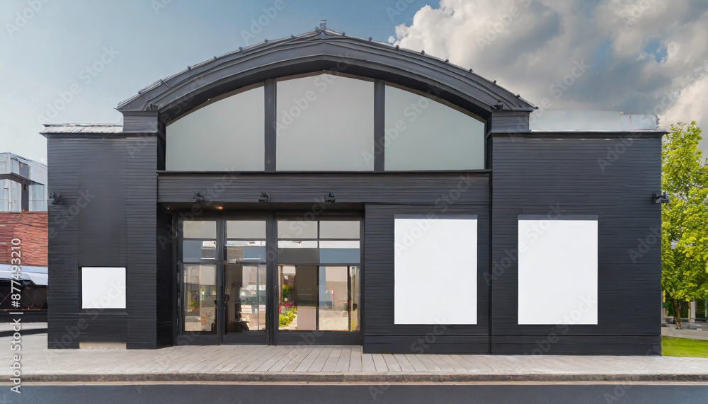 Outdoor mockup,store template,front view black of generic store facade with windows display and blanck posters. Outdoor mockup,store template,front view black of generic store facade with windows display and blanck posters.