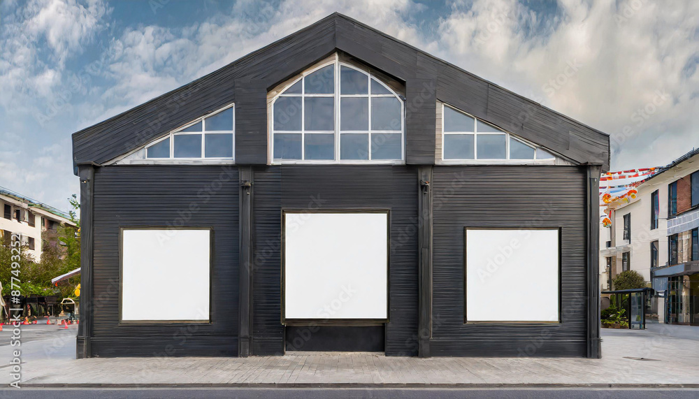 Outdoor mockup,store template,front view black of generic store facade with windows display and blanck posters. Outdoor mockup,store template,front view black of generic store facade with windows display and blanck posters.