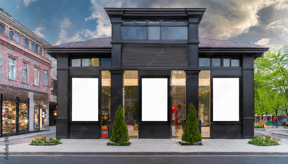 Outdoor mockup,store template,front view black of generic store facade with windows display and blanck posters. Outdoor mockup,store template,front view black of generic store facade with windows display and blanck posters.