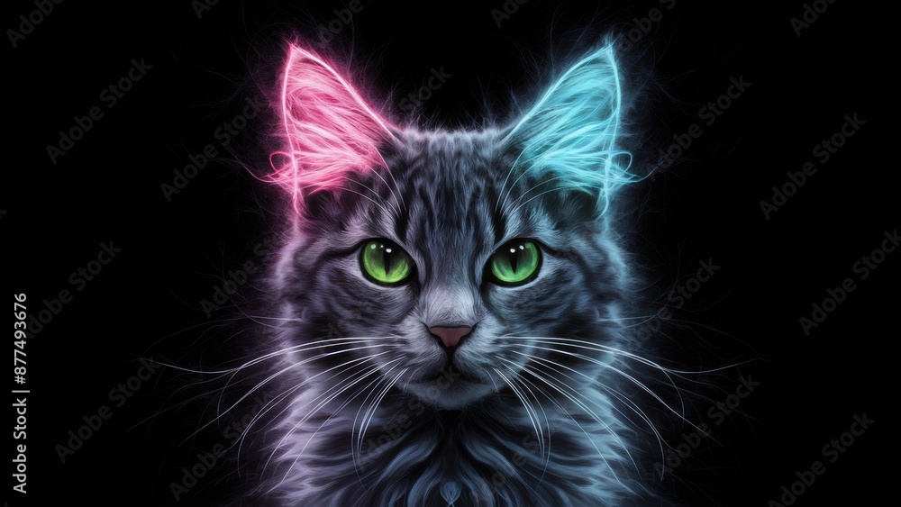 A cat with glowing eyes and a black background, AI A cat with glowing eyes and a black background, AI