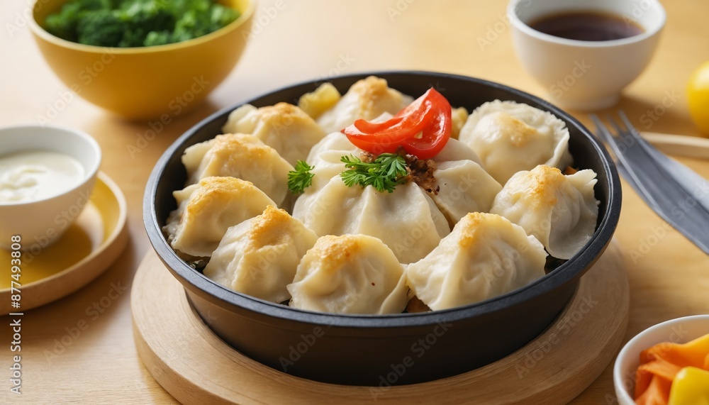 A feast of steamed dumplings and colorful vegetables in a wooden bowl A feast of steamed dumplings and colorful vegetables in a wooden bowl