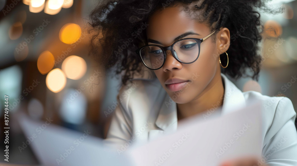 Business woman face showing deep concentration while reviewing document. Her concentrated facial expression emphasizes her commitment and diligence in work. Business woman face showing deep concentration while reviewing document. Her concentrated facial expression emphasizes her commitment and diligence in work.