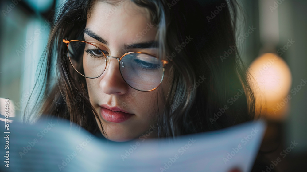 Business woman face showing deep concentration while reviewing document. Her concentrated facial expression emphasizes her commitment and diligence in work. Business woman face showing deep concentration while reviewing document. Her concentrated facial expression emphasizes her commitment and diligence in work.