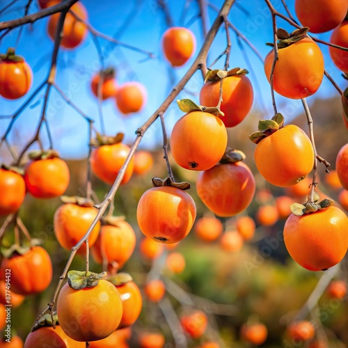 orange persimmons hang from the branches of the persimmon trees, branches, orange, persimmons, persimmon photo
