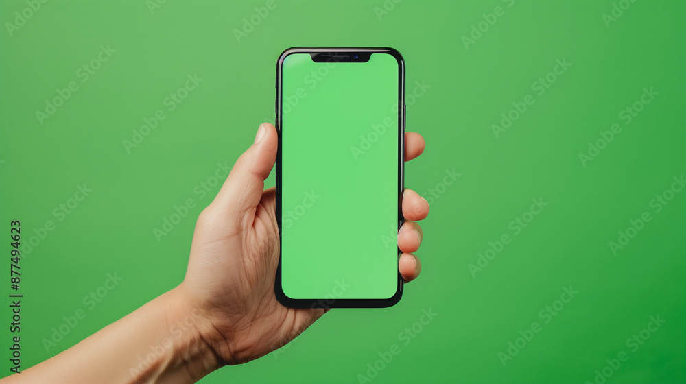Close-up of a hand holding a smartphone with a green screen, ready to place application visualizations or advertising content on it. Close-up of a hand holding a smartphone with a green screen, ready to place application visualizations or advertising content on it.