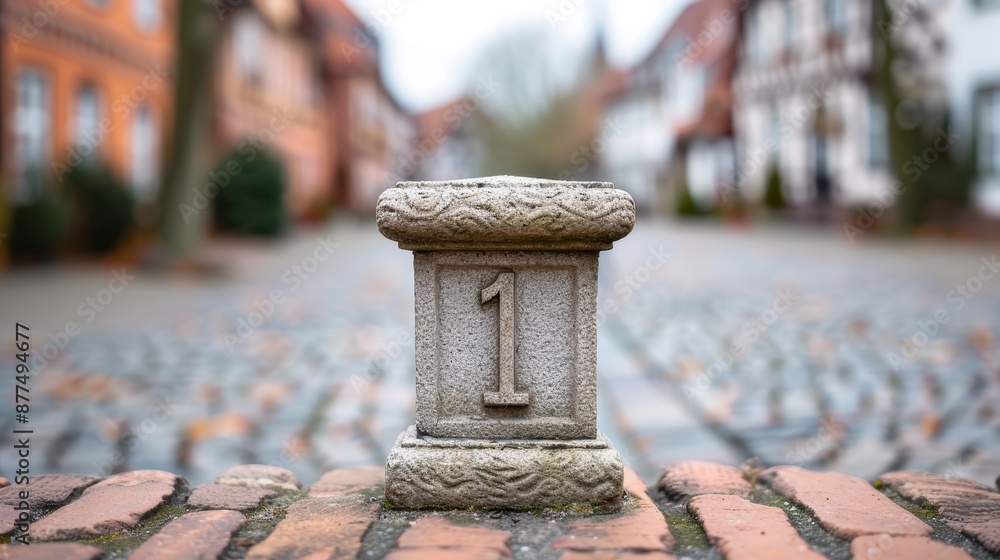 A charming and detailed photo of a number 1 statue in a quaint and picturesque town square, focus cover all object A charming and detailed photo of a number 1 statue in a quaint and picturesque town square, focus cover all object
