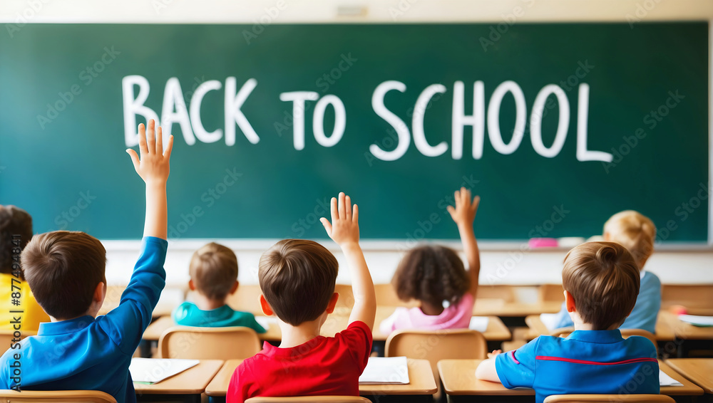 Kids in classroom on first day of school, back to school concept, people background, template, chalk and board
