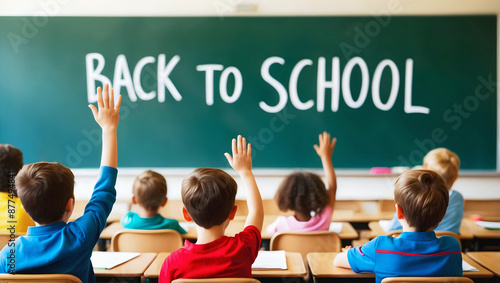 Obraz na płótnie Kids in classroom on first day of school, back to school concept, people background, template, chalk and board w salonie