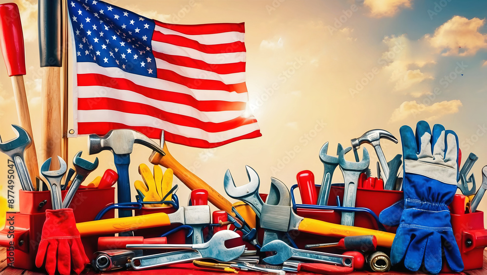Labour day concept, American flag and worker tools background, template