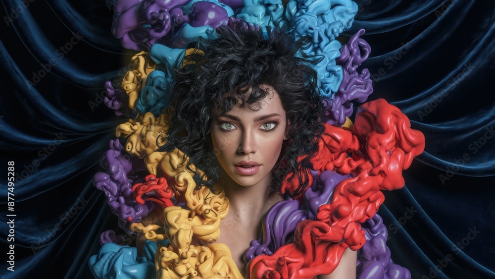 A woman with curly hair surrounded by colorful balloons, AI A woman with curly hair surrounded by colorful balloons, AI
