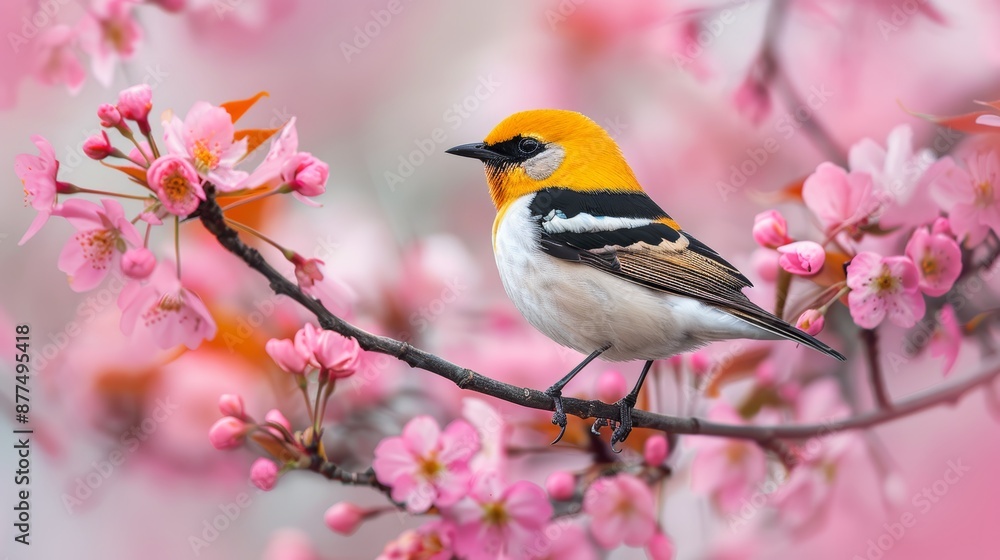 A beautiful and clear photo of a Goldeeg bird perched on a flowering tree, with pink blossoms surrounding it, focus cover all object A beautiful and clear photo of a Goldeeg bird perched on a flowering tree, with pink blossoms surrounding it, focus cover all object