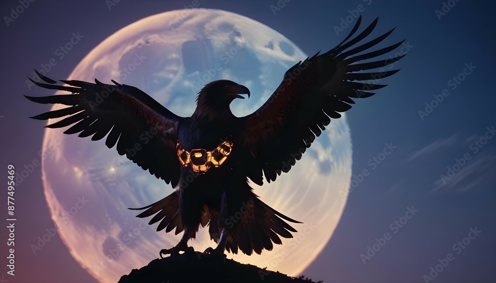 Obraz premium The silhouette of a robotic eagle against a bright full moon., high detail, vibrant color palette, studio lighting, copy background, professional grading, advertising