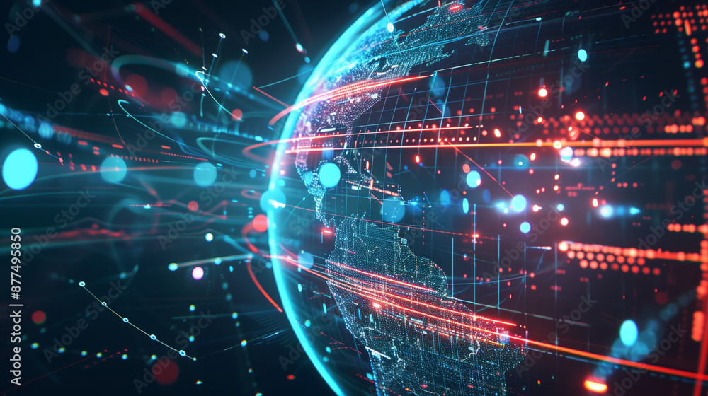 A holographic globe shown from the side, with visible data exchange lines and connected deep learning nodes spread across the continents. A holographic globe shown from the side, with visible data exchange lines and connected deep learning nodes spread across the continents.