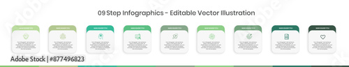 9 Step Infographics Design Template - Graph, Pie chart, workflow layout, squire diagram, brochure, report, presentation, web design. Editable Vector illustration