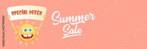 Summer Sale horizontal wide web banner. summer happy sun character holding sign or banner with special offer sale text isolated on soft pastel pink horizontal background. Summer sale