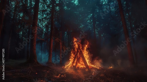 mystical scene of burning pyre in nighttime forest ethereal flames shadowy trees atmospheric lighting photo