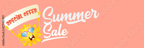 Summer Sale horizontal wide web banner. summer happy sun character holding sign or banner with special offer sale text isolated on soft pastel pink horizontal background. Summer sale