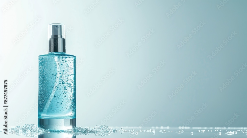 Transparent blue lotion bottle on silver background with text space Transparent blue lotion bottle on silver background with text space