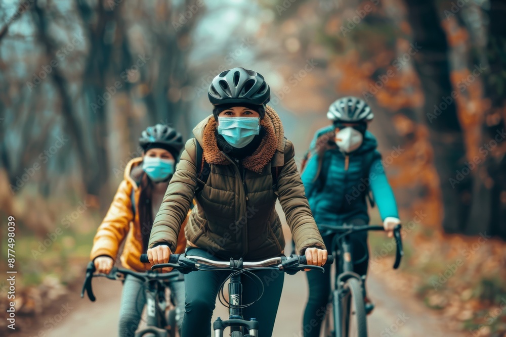 Family wearing pollution masks while cycling together, integrating protective measures into their outdoor activities. Family wearing pollution masks while cycling together, integrating protective measures into their outdoor activities.