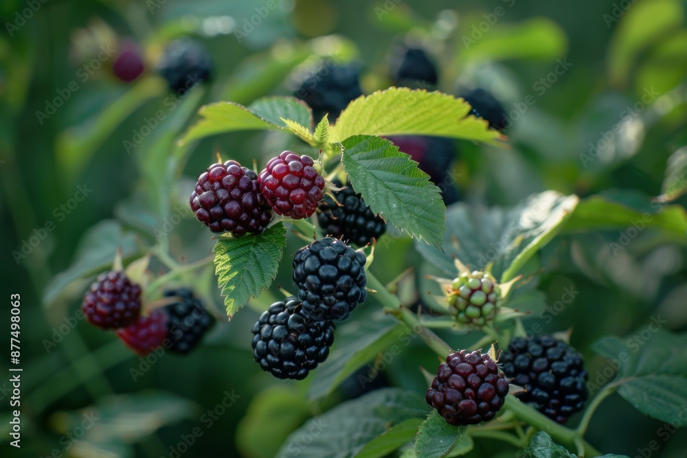 Closeup of a blackberry bramble with ripe and unripe blackberries growing in the sun Closeup of a blackberry bramble with ripe and unripe blackberries growing in the sun