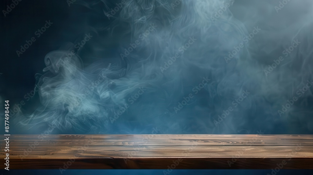 navy blue studio background with wooden table and atmospheric smoke product photography setup moody lighting minimalist composition navy blue studio background with wooden table and atmospheric smoke product photography setup moody lighting minimalist composition