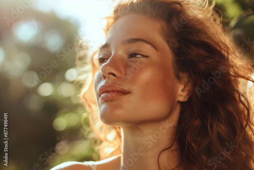 A woman with red hair and a tan complexion is smiling and looking up at the sky