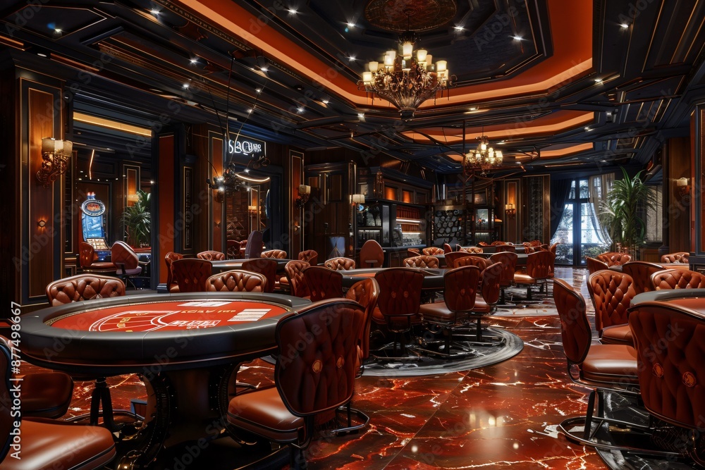Fototapeta premium Luxurious Casino Interior with Elegant Decor and Poker Tables