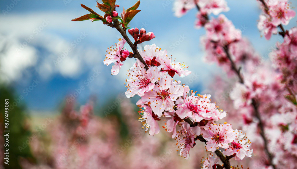 Garden peach flowers. Peach tree with pink flowers on a spring day. The concept of gardening, agriculture. Garden peach flowers. Peach tree with pink flowers on a spring day. The concept of gardening, agriculture.