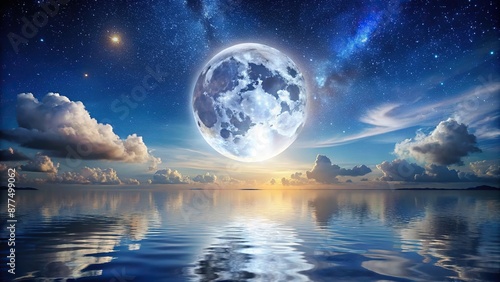 A large full moon shines in a starry sky above a body of water The water reflects the light of the moon and there are clouds in the sky , water, above, large, starry, moon, clouds, there, full, water, © joompon