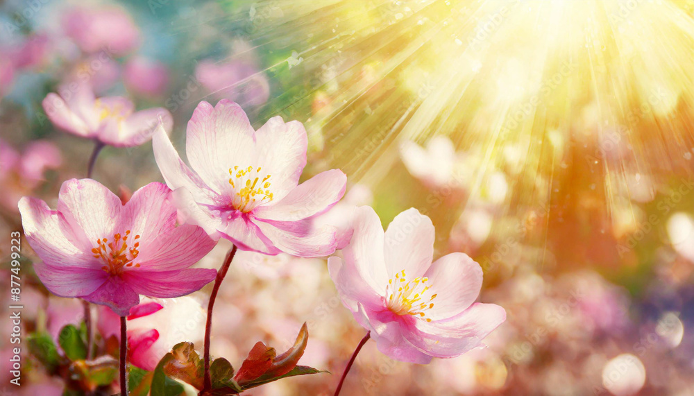 A field of delicate pink flowers under a dawn sky, with the sun's rays creating a soft, dreamlike quality perfect for backgrounds and nature themes. A field of delicate pink flowers under a dawn sky, with the sun's rays creating a soft, dreamlike quality perfect for backgrounds and nature themes.