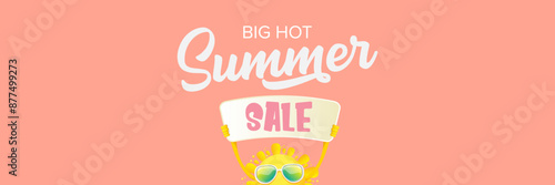 Summer Sale horizontal wide web banner. summer happy sun character holding sign or banner with special offer sale text isolated on soft pastel pink horizontal background. Summer sale