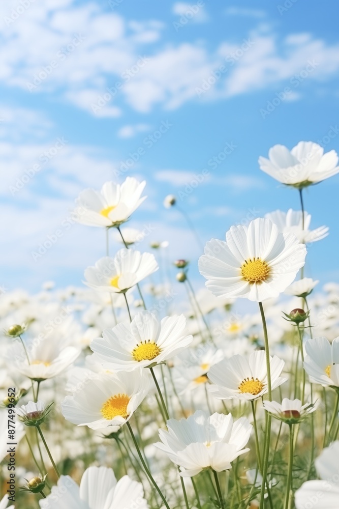 Field of white daisies in full bloom with a clear blue sky and scattered clouds in the background, capturing the beauty of nature in spring Field of white daisies in full bloom with a clear blue sky and scattered clouds in the background, capturing the beauty of nature in spring
