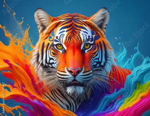 Wallpaper Mural A majestic tiger finds itself enclosed within vibrant bursts of paint, creating a stunning visual display Torontodigital.ca