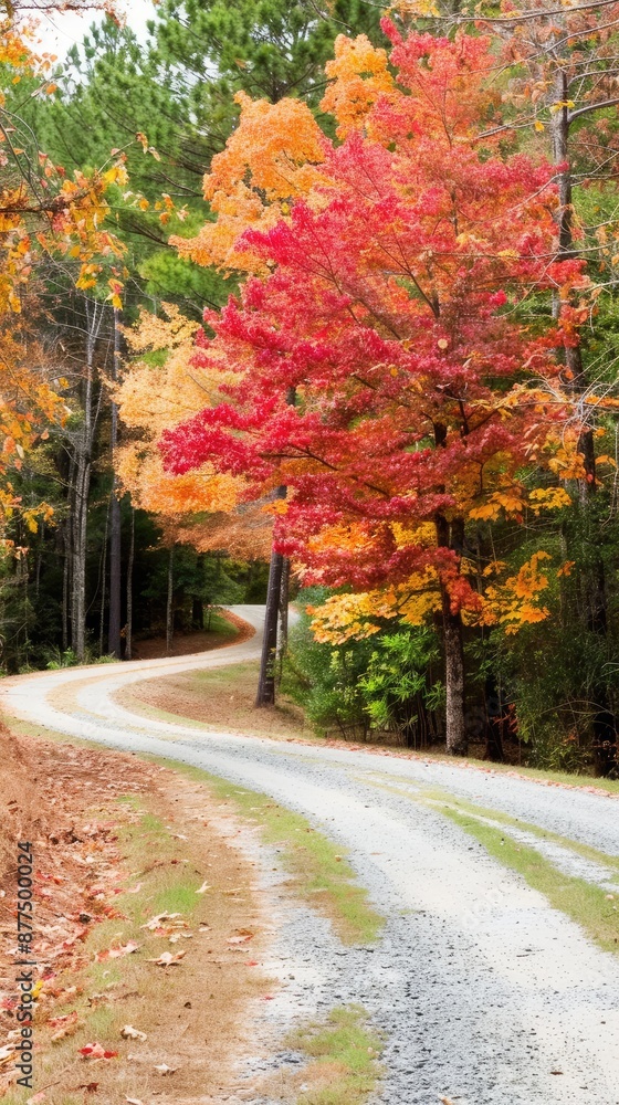 Naklejka premium A gravel road winds through a forest, surrounded by fallen leaves in shades of orange, yellow, and brown