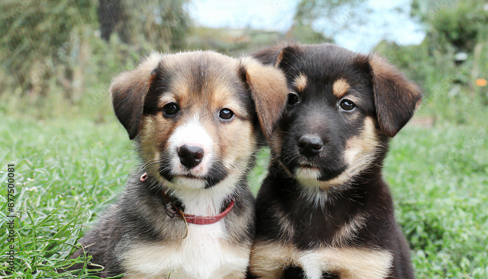A collection of puppies seated together on a grassy field, backed by a fence A collection of puppies seated together on a grassy field, backed by a fence