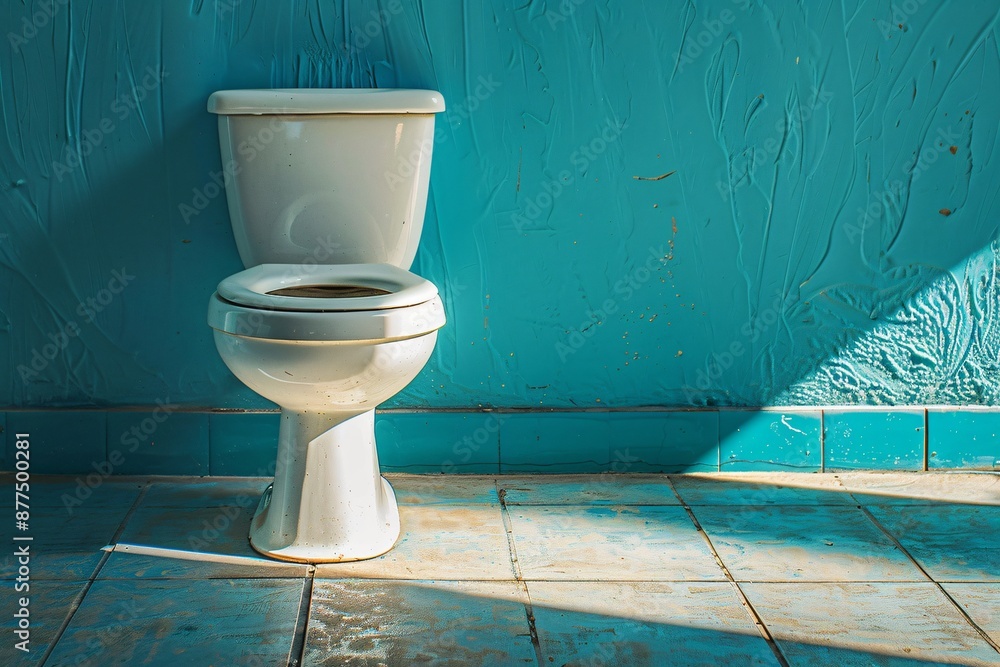 Sunlit Bathroom with White Toilet Against a Textured Blue Wall Sunlit Bathroom with White Toilet Against a Textured Blue Wall
