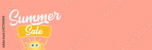 Summer Sale horizontal wide web banner. summer happy sun character holding sign or banner with special offer sale text isolated on soft pastel pink horizontal background. Summer sale
