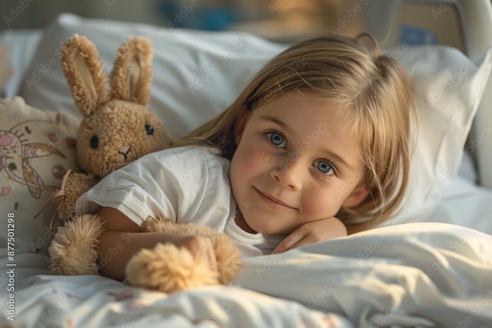 Little Girl Snuggled in Bed with Her Stuffed Bunny Little Girl Snuggled in Bed with Her Stuffed Bunny