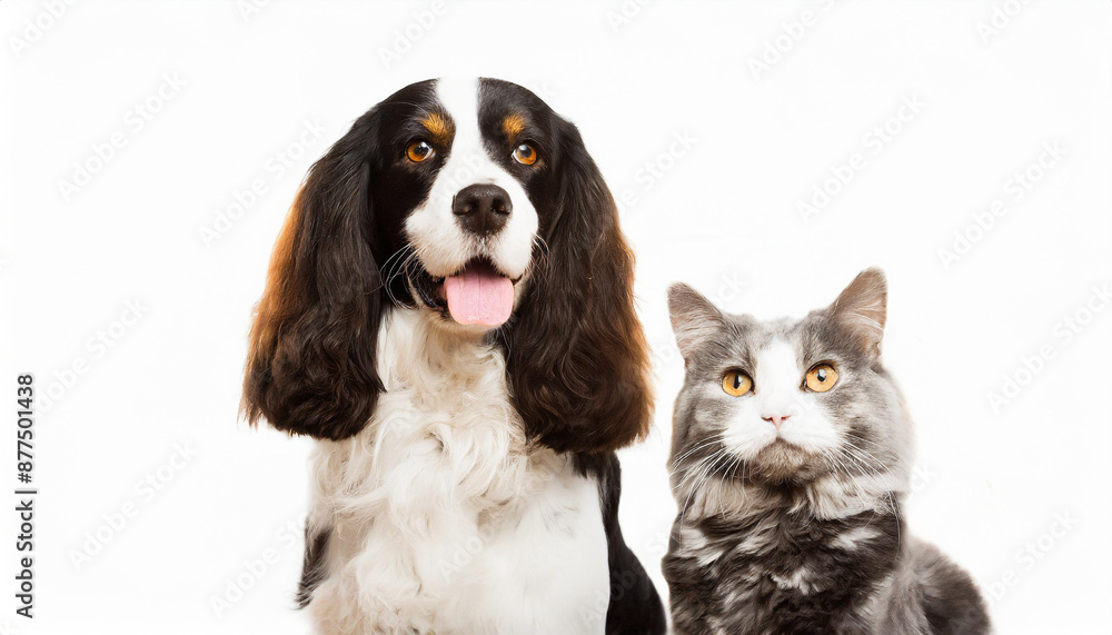 Obraz premium Portrait of a dog Spaniel and cat Scottish Straight isolated white background.