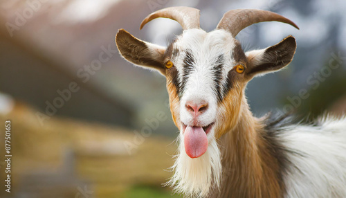 portrait of a goat showing tongue photo