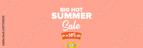 Summer Sale horizontal wide web banner. summer happy sun character holding sign or banner with special offer sale text isolated on soft pastel pink horizontal background. Summer sale